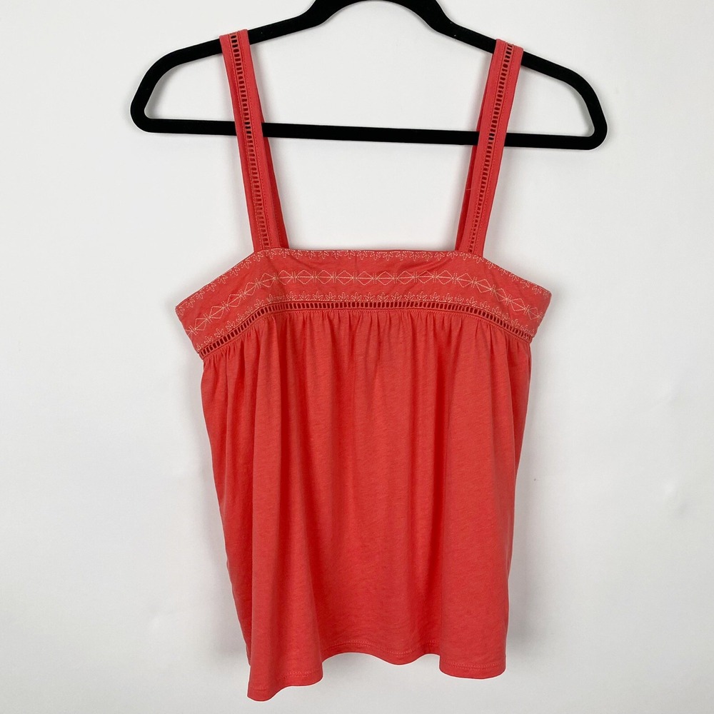 Eddie Bauer Embroidered Lace Trim Smocked Back Babydoll Tank Top Womens XS Coral